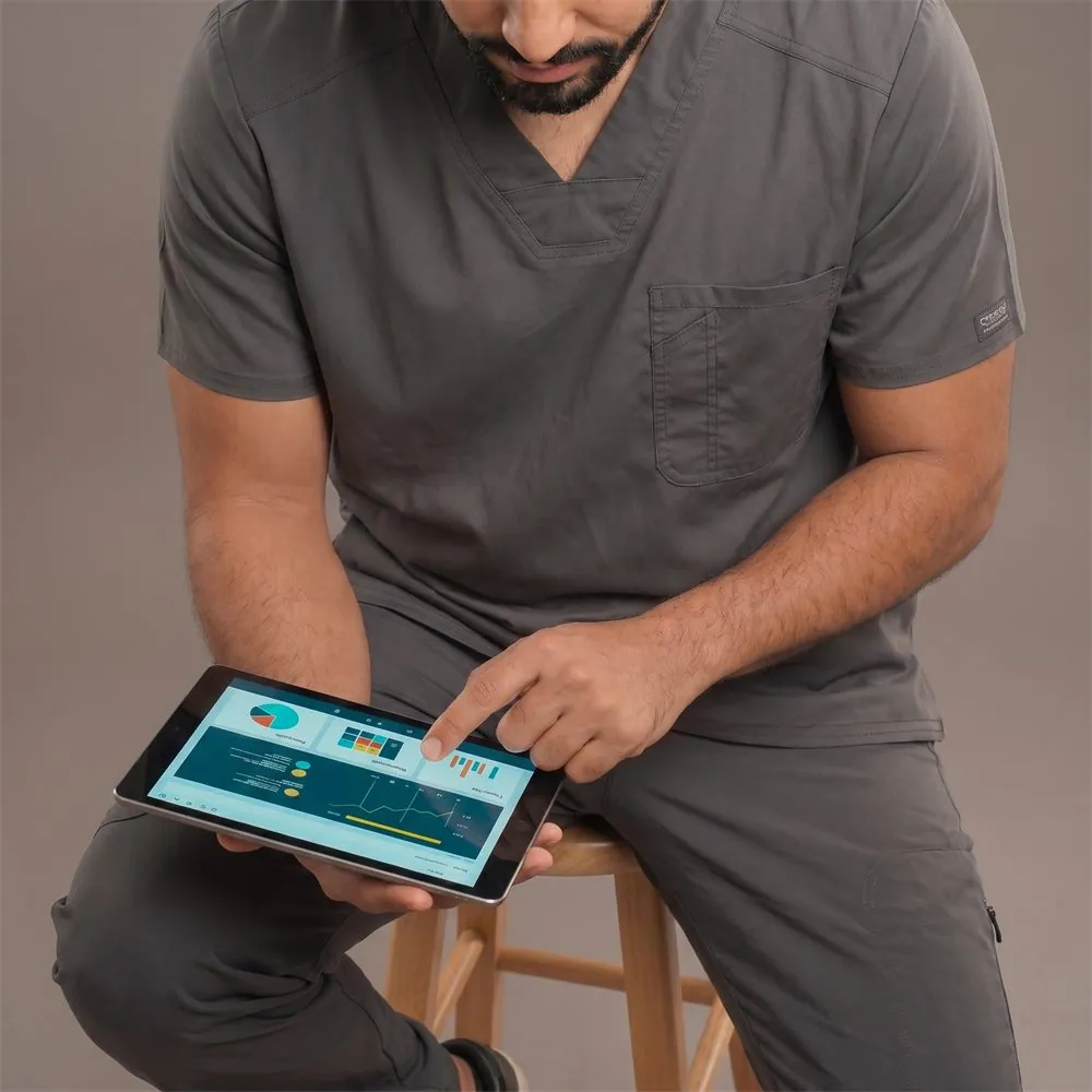 Dentista usando um tablet com um painel de dados